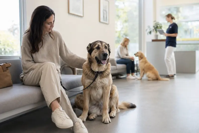 Zentralasiatischer Schäferhund sitzt ruhig neben seinem Besitzer im hellen Wartezimmer einer modernen Tierarztpraxis.